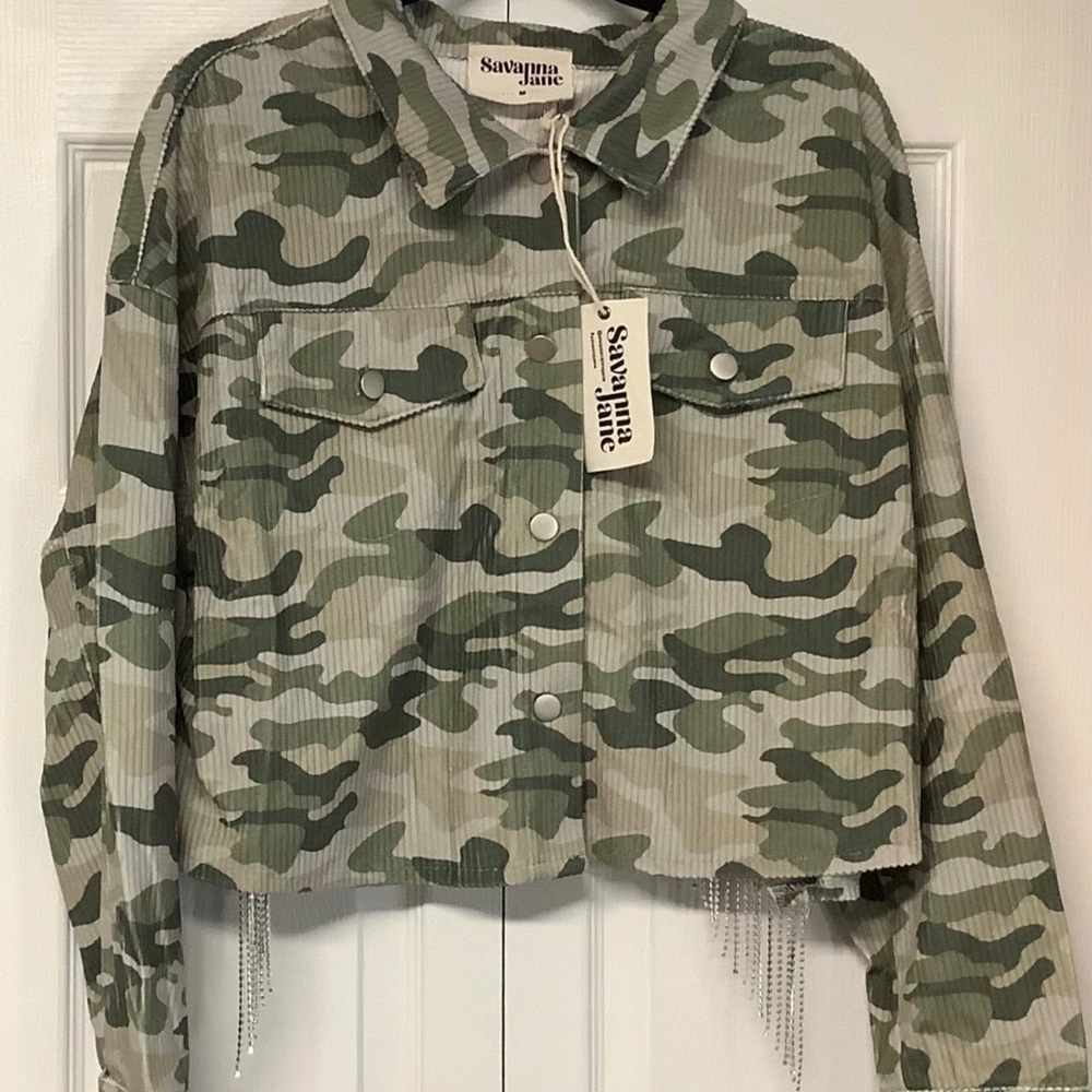 Savanna Jane Green Camo Bomber Jacket with Silver Fringe 🆕 - Picture 2 of 4